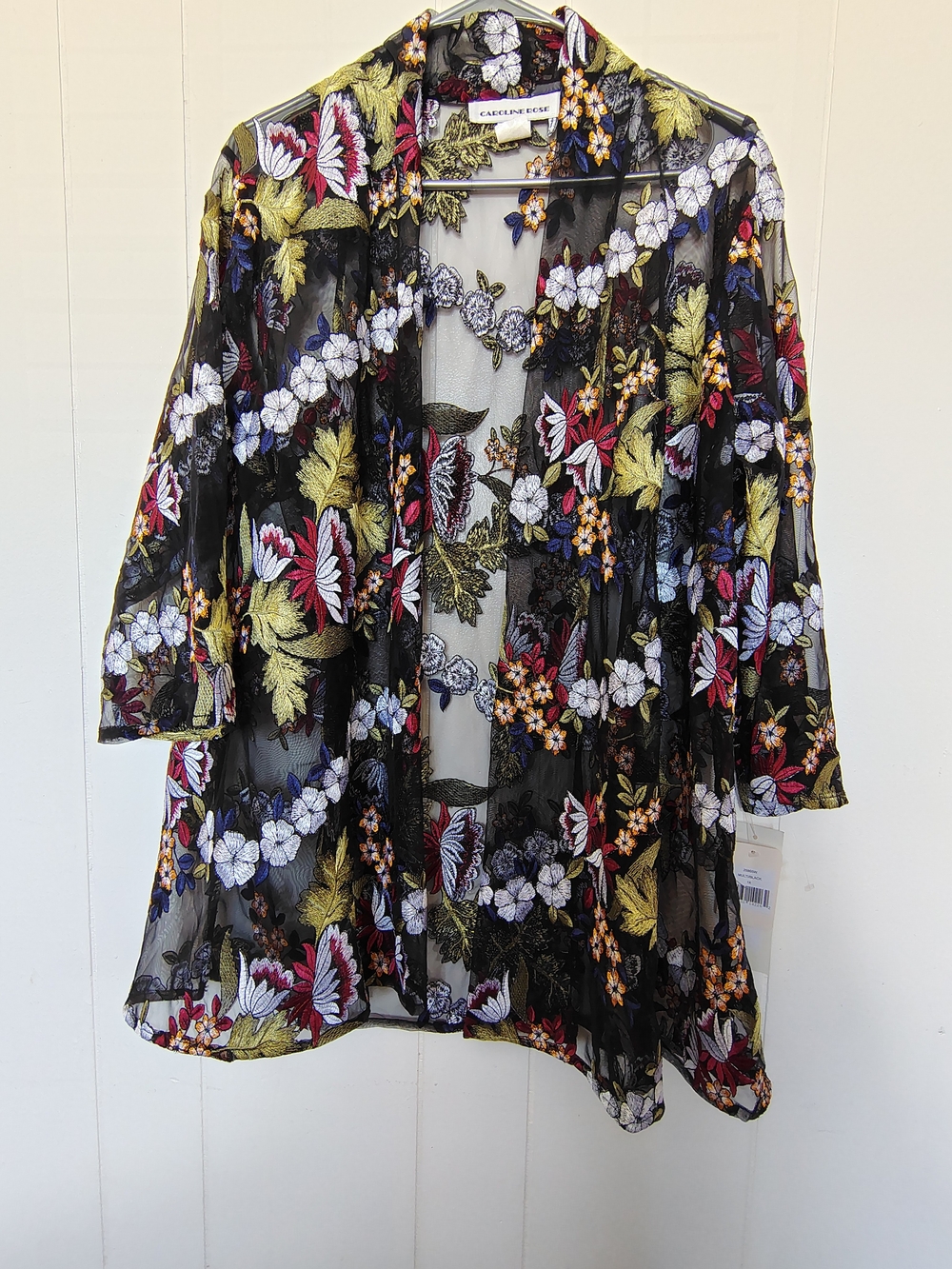Caroline Rose Black Floral Embroidered Sheer Jacket Size 1X.